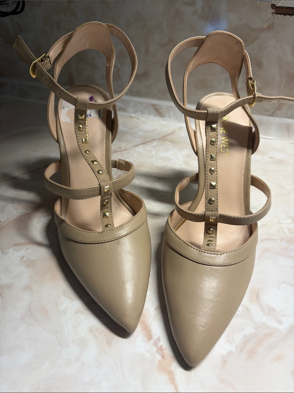 Nine West Nude/Tan Pointed-Toe Stud T-Strap Heels
